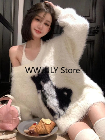 Getadme-Autumn White Elegant Knitted Sweater 2 Piece Set Women Casual Sexy Vest Outwear Warm Korean Fashion Tops Office Lady Chic